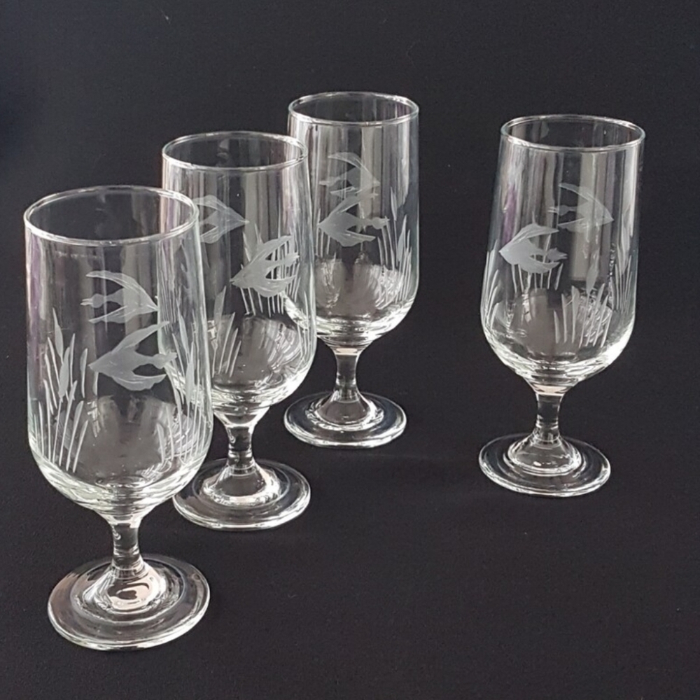 4pc Etched Tropical Angel Fish 12oz Clear Beer Glasses